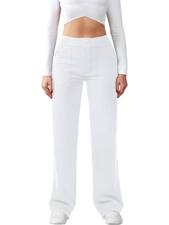 Pants - Women's White Casual High Waist Straight Leg Stretchy Button Dress Pants